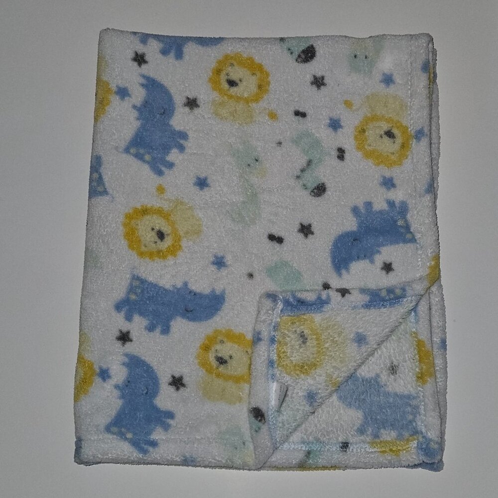 Cutie Pie Lion Zebra Giraffe Rhino Stars Fleece Baby Blanket 30x36 Blue Yellow